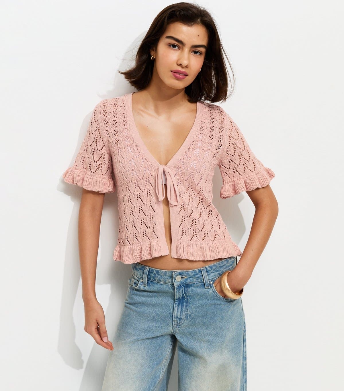 New Look Women's Light Pink Front Tie Short Sleeve Crochet Cardigan New Look