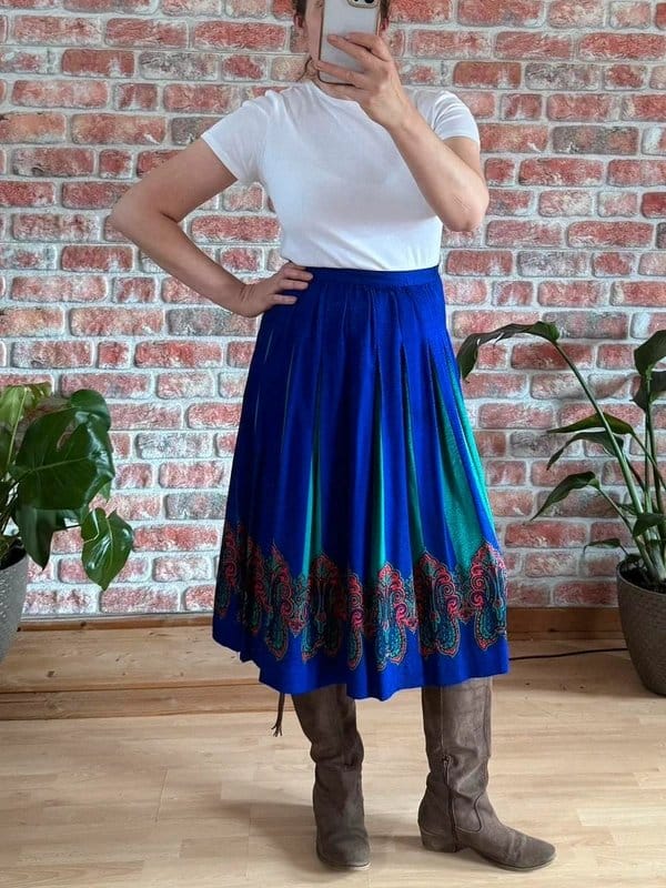Anne Crimmins 90s Vintage Purple and Green Pleated Silk Midi Skirt - 1