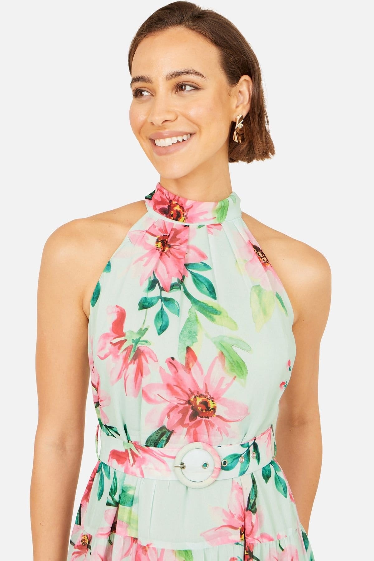 Yumi Yumi Women's Mint Floral Halter Dress With Matching B - 4