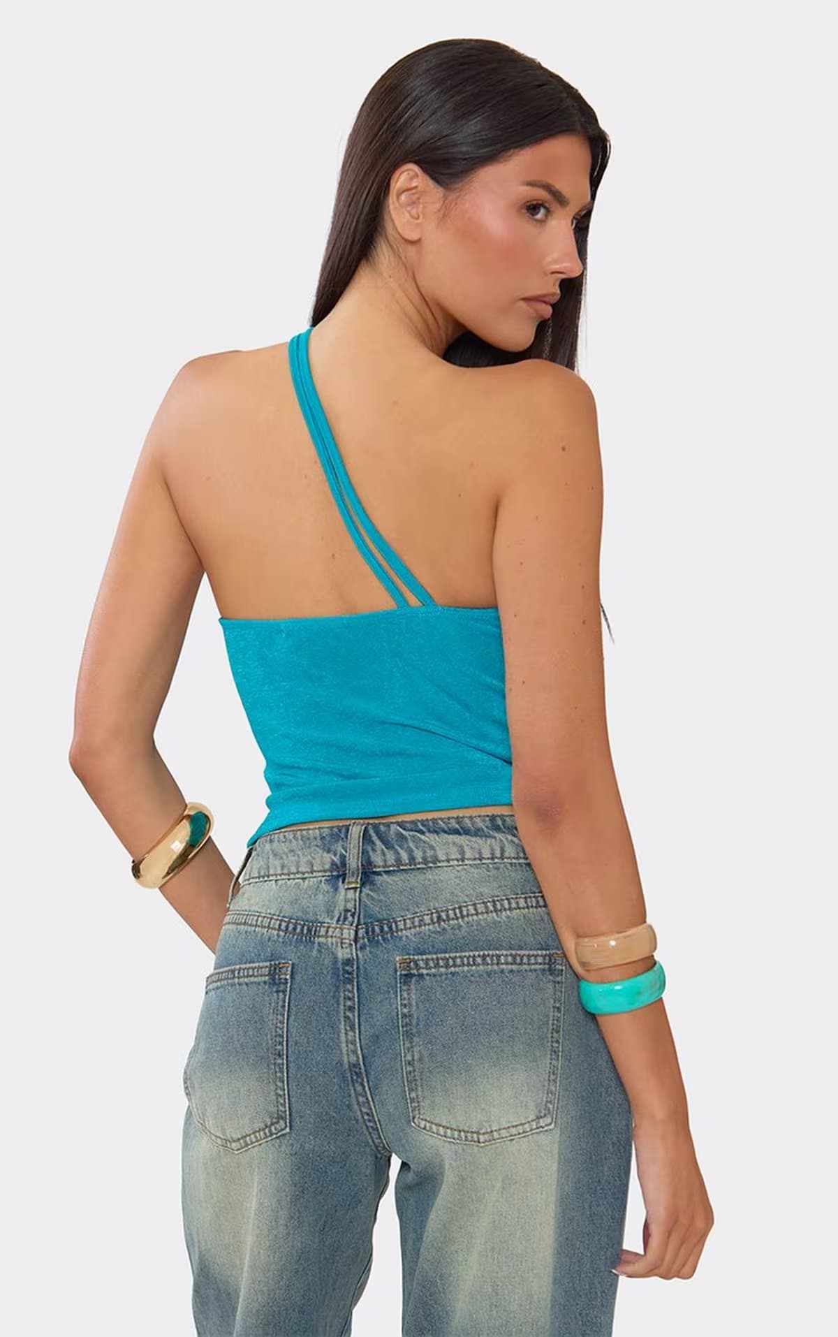 EGO One Shoulder Cowl Neck Beaded Detail Top In Blue, Women's Size UK 6
