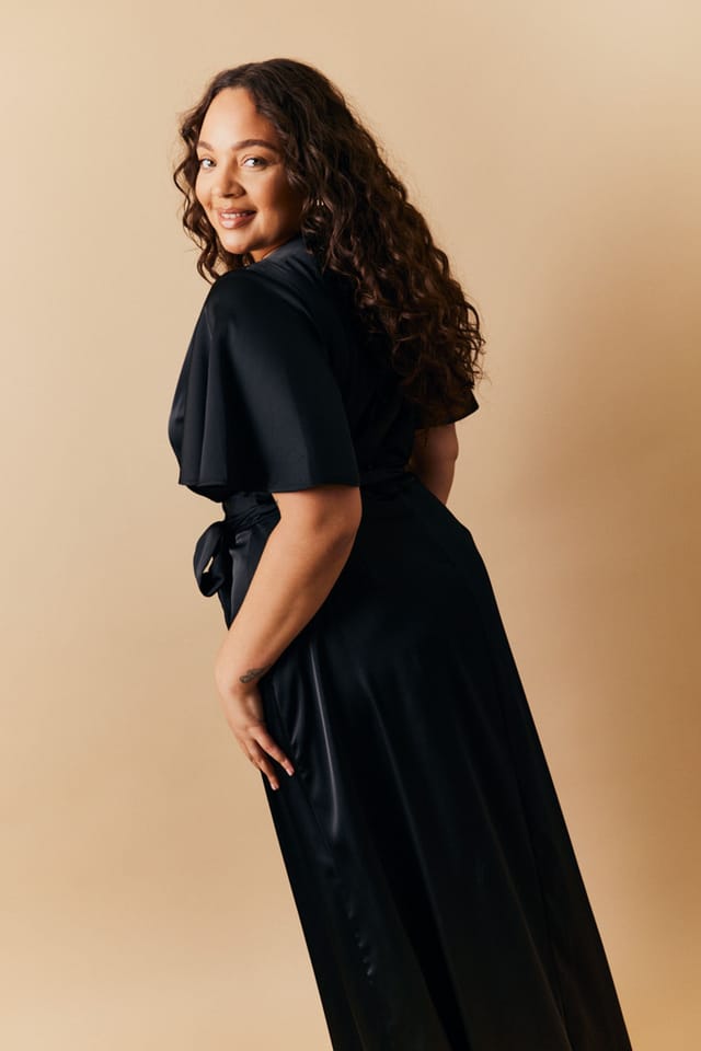 In The Style In The Style Women's Satin Wrap Tie Angel Sleeve Maxi Dress in Black - 3
