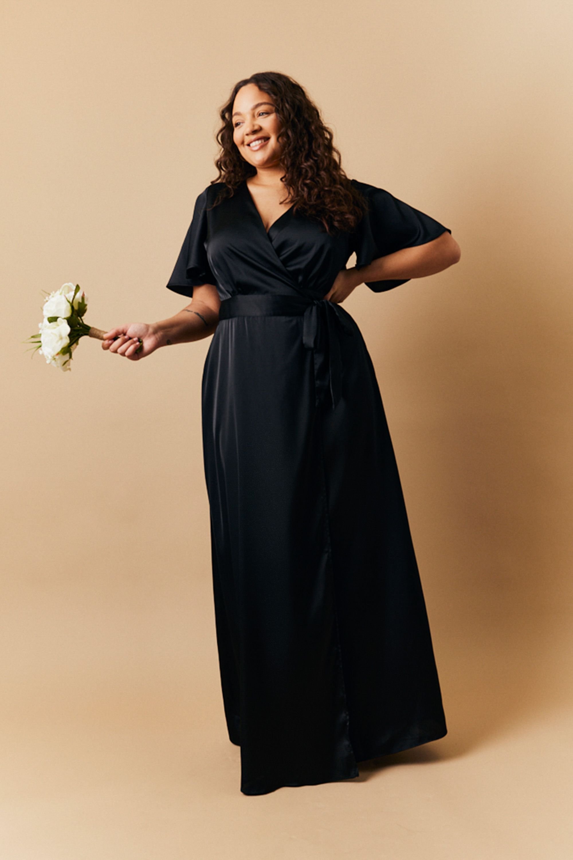 In The Style In The Style Women's Satin Wrap Tie Angel Sleeve Maxi Dress in Black - 4