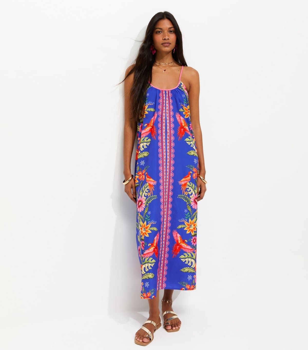 New Look Women's Blue Parrot Print Crepe Cami Midi Dress New Look