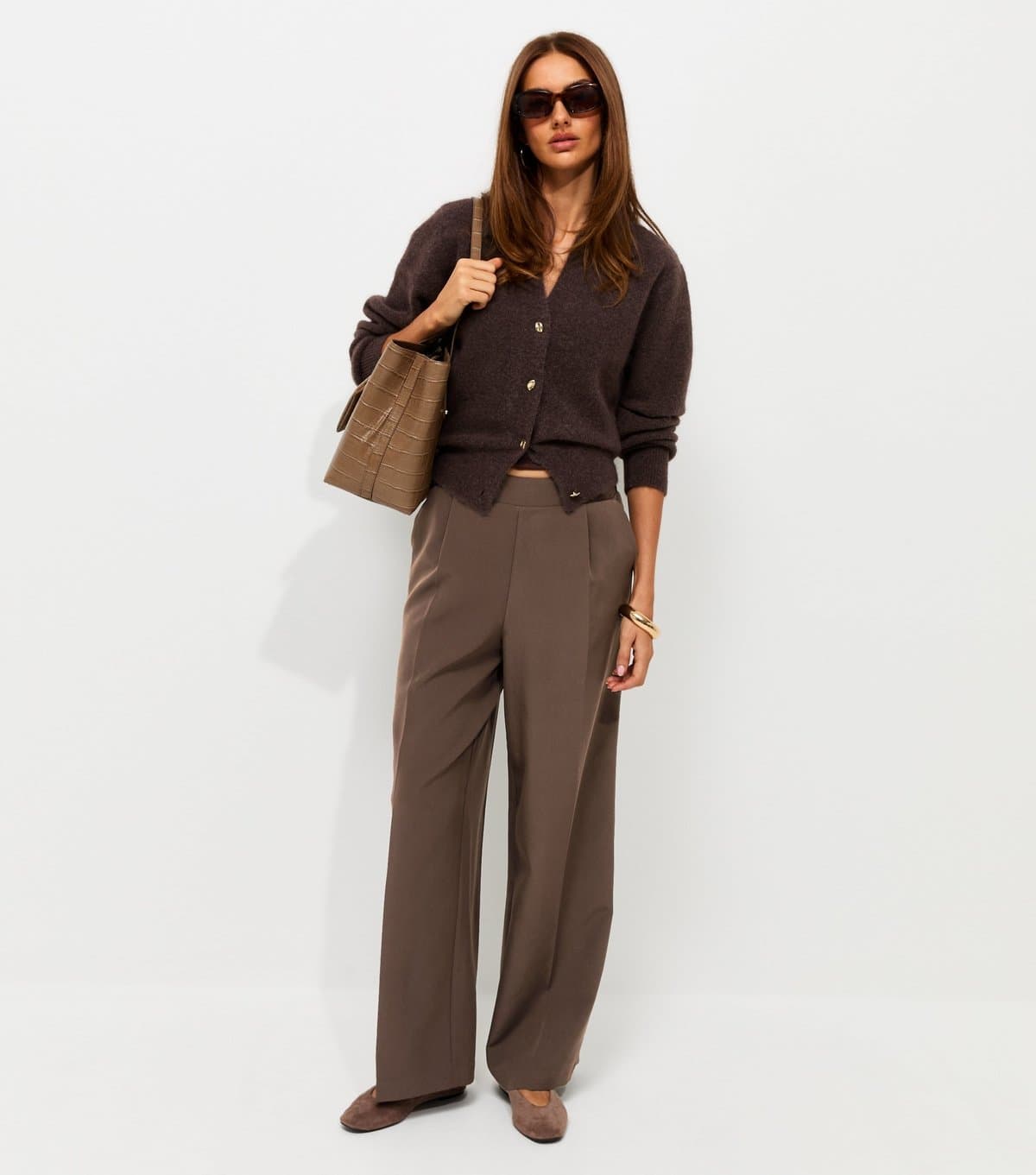 New Look Women's Petite Dark Brown Pull On Wide Leg Trousers New Look