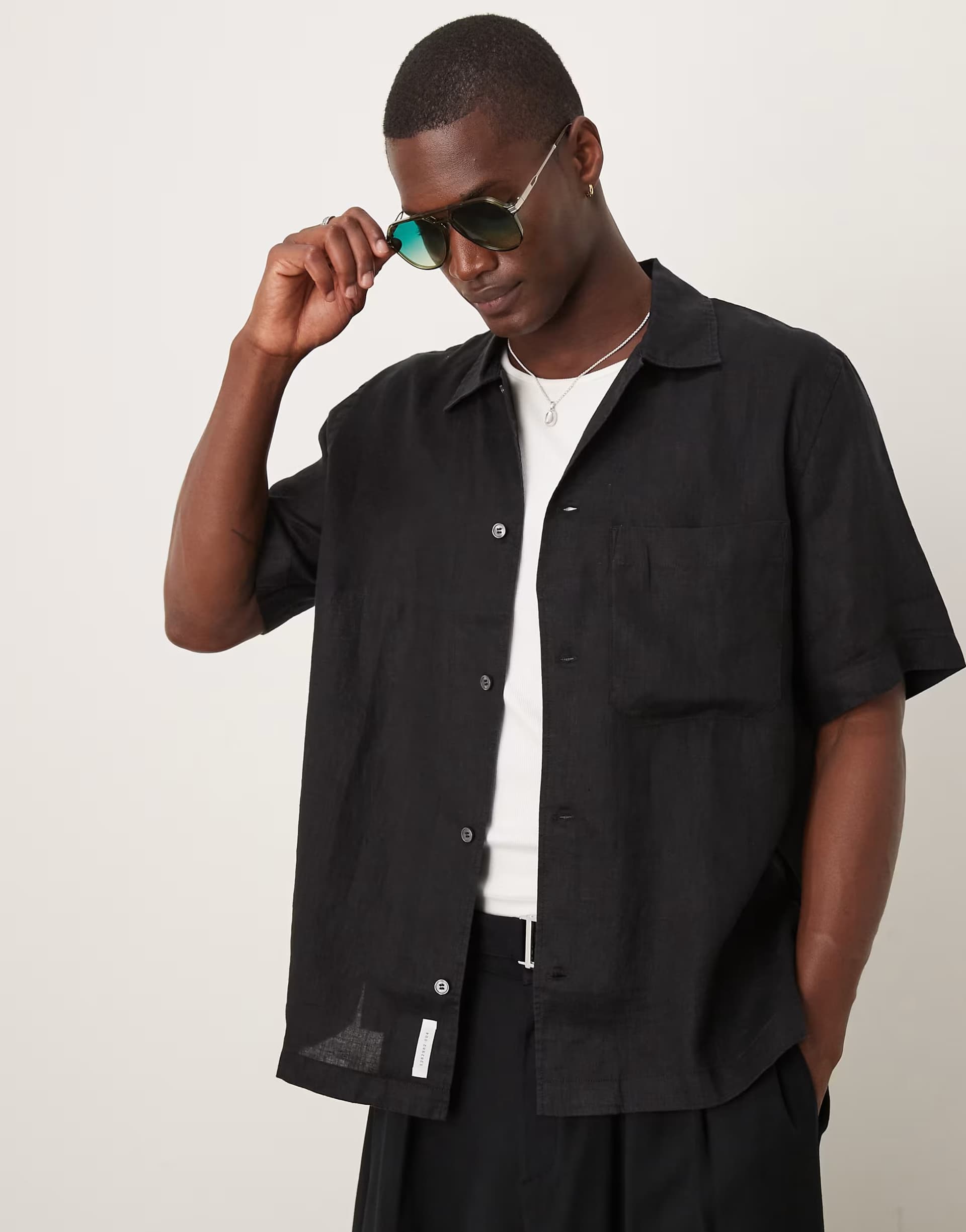 ASOS ARKET linen  short sleeve shirt with front pocket in black