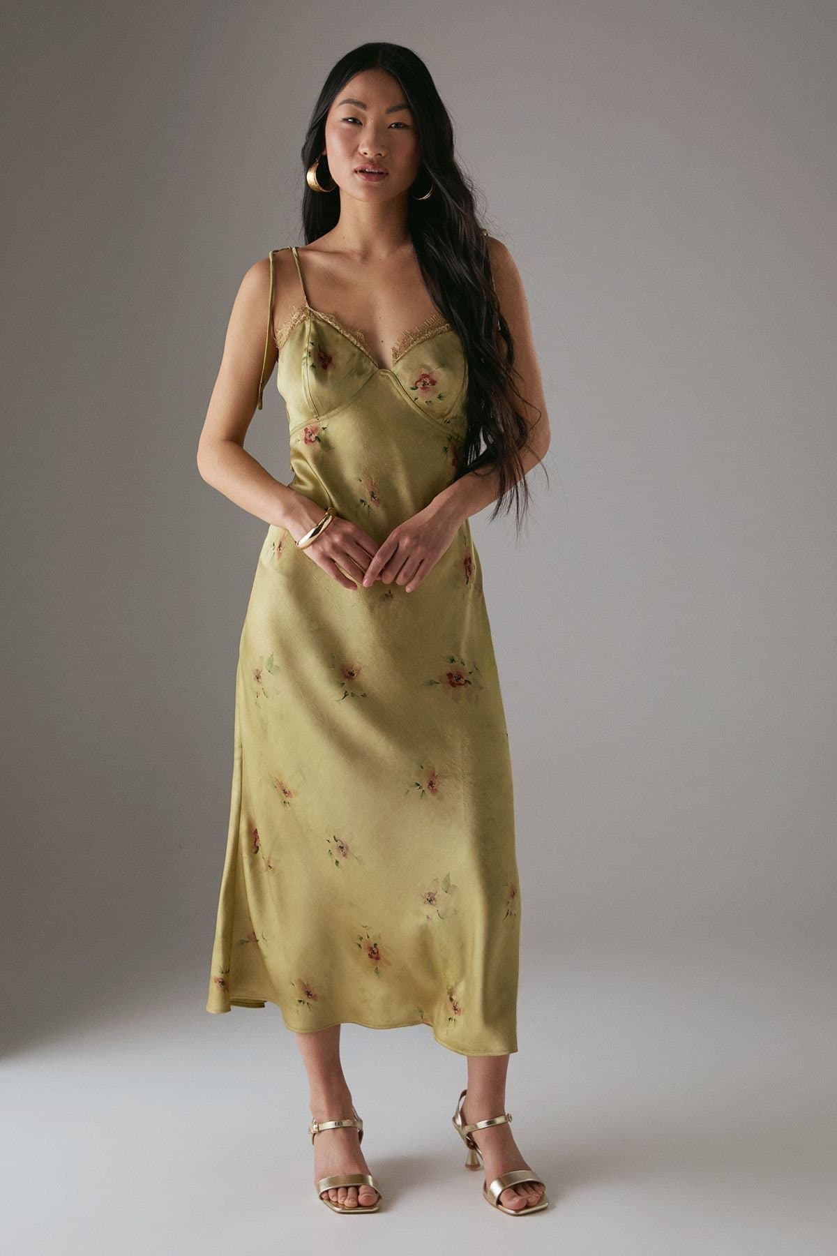 Warehouse Warehouse Women's Petite Rose Satin Tie Strap Lace Detail Midi Slip Dress in Yellow