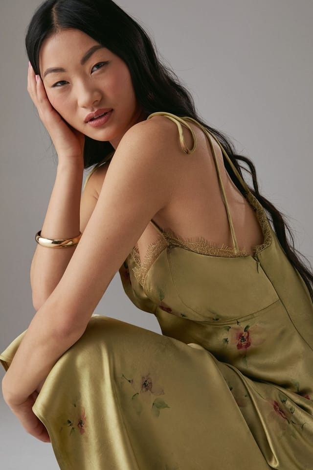 Warehouse Warehouse Women's Petite Rose Satin Tie Strap Lace Detail Midi Slip Dress in Yellow - 2