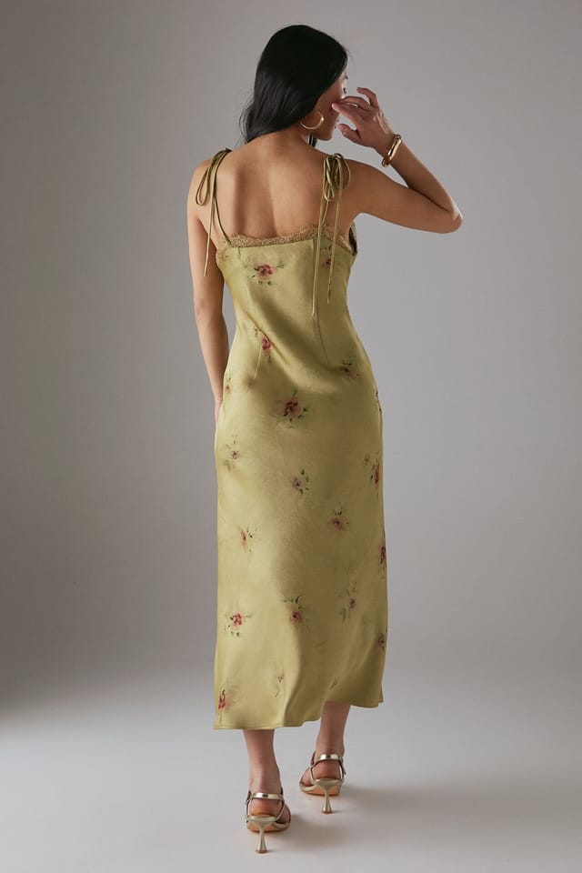 Warehouse Warehouse Women's Petite Rose Satin Tie Strap Lace Detail Midi Slip Dress in Yellow - 3