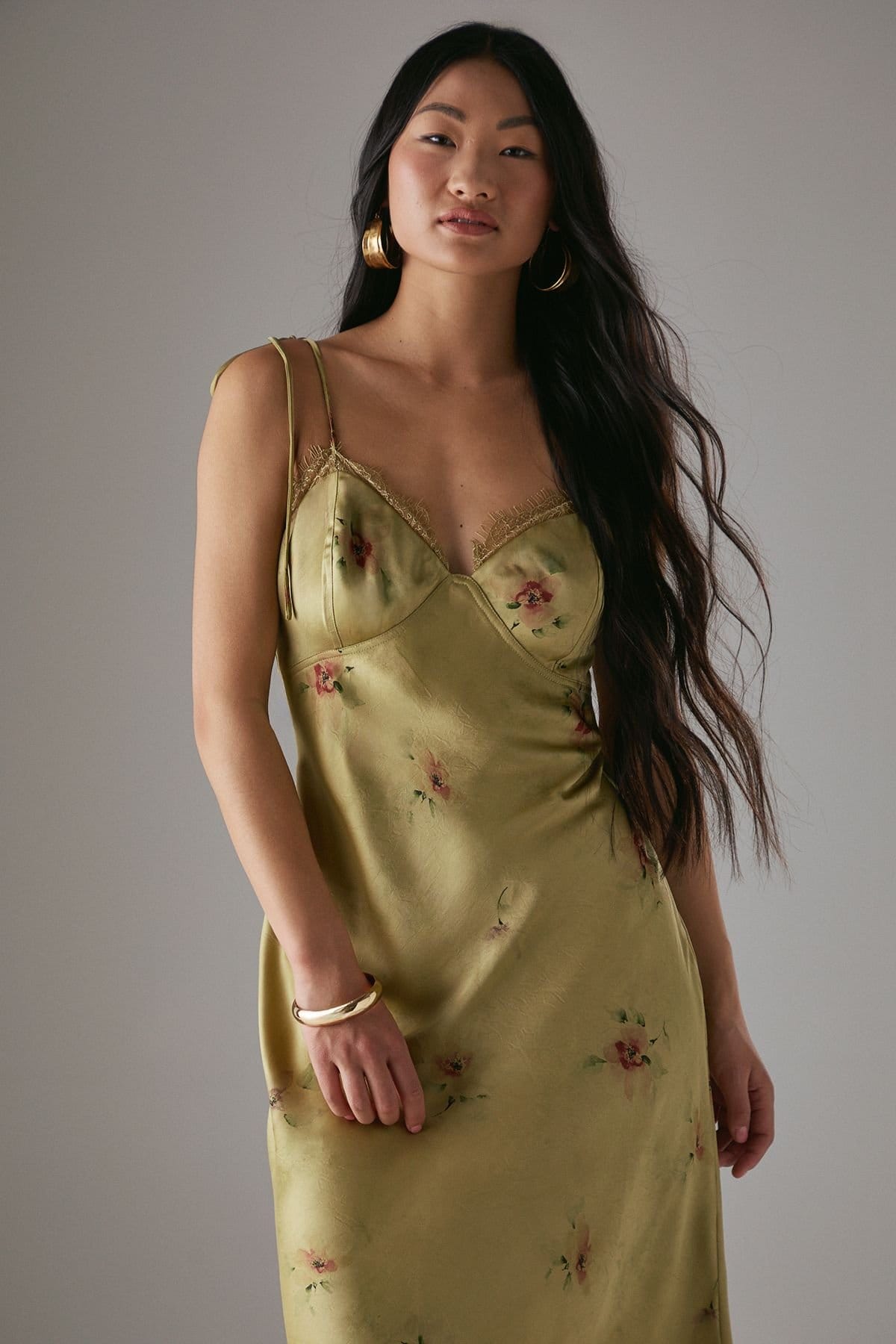 Warehouse Warehouse Women's Petite Rose Satin Tie Strap Lace Detail Midi Slip Dress in Yellow - 4