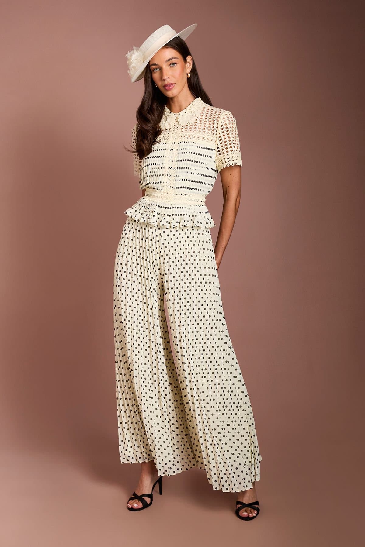 Coast Coast Women's Lisa Tan Lace Collar Polka Dot Pleated Trouser Jumpsuit in Ivory