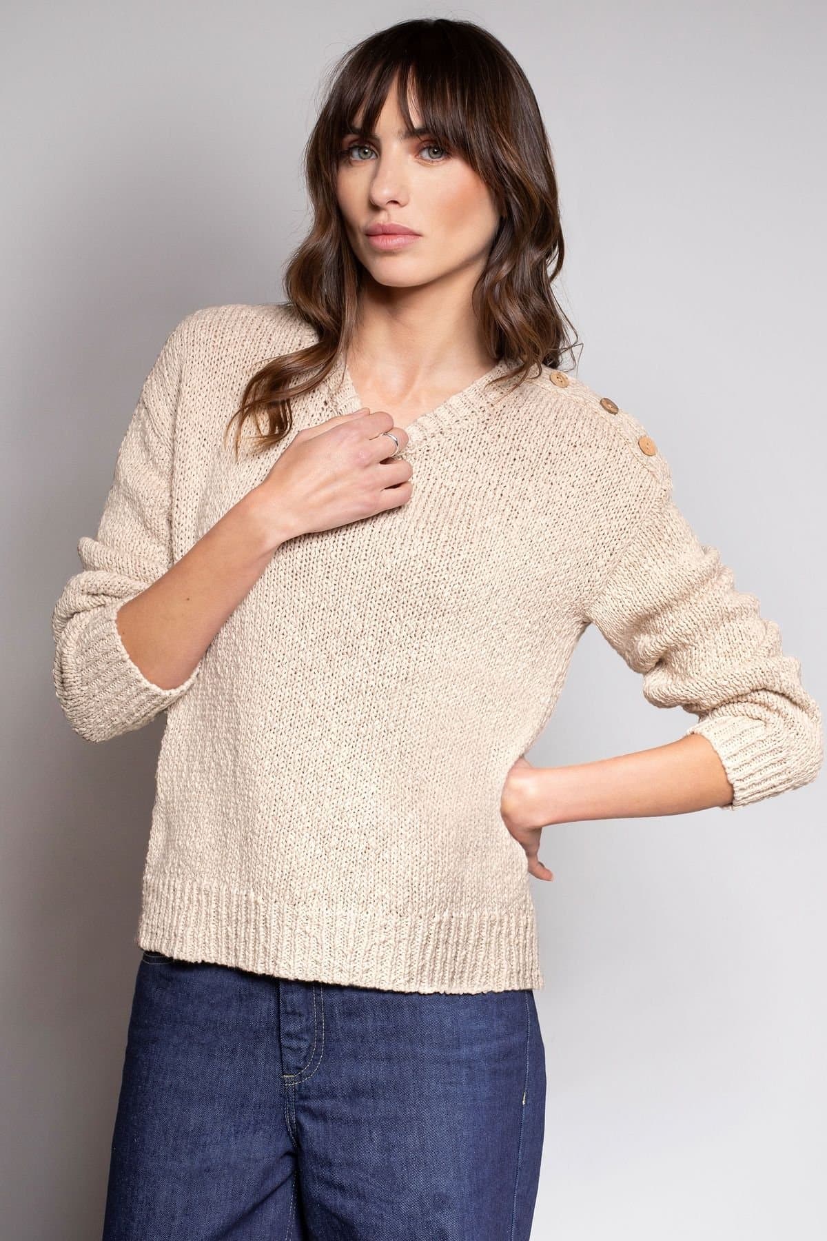 Celtic & Co Celtic & Co Cream Slub Knit Button Detail Sweater