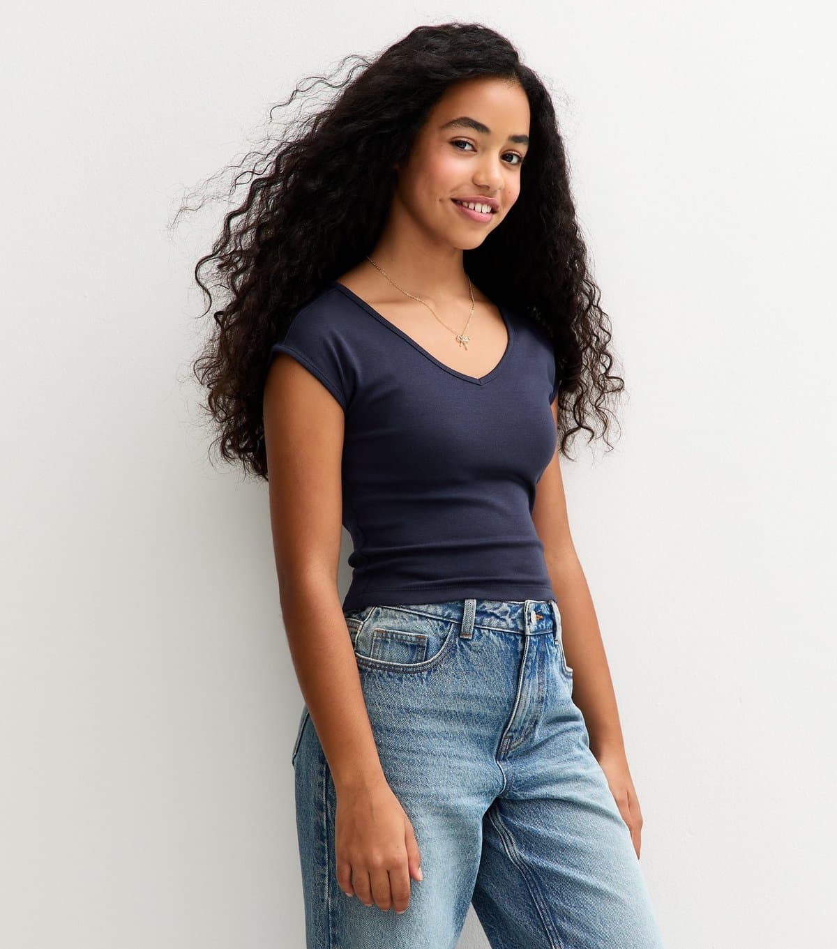 New Look Girls' Navy V-Neck Cap Sleeve T-Shirt New Look