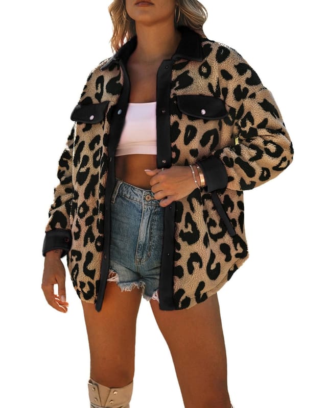 Azura Exchange Azura Exchange Women's Black Contrast Trimmed Leopard Teddy Shacket Jackets - 2
