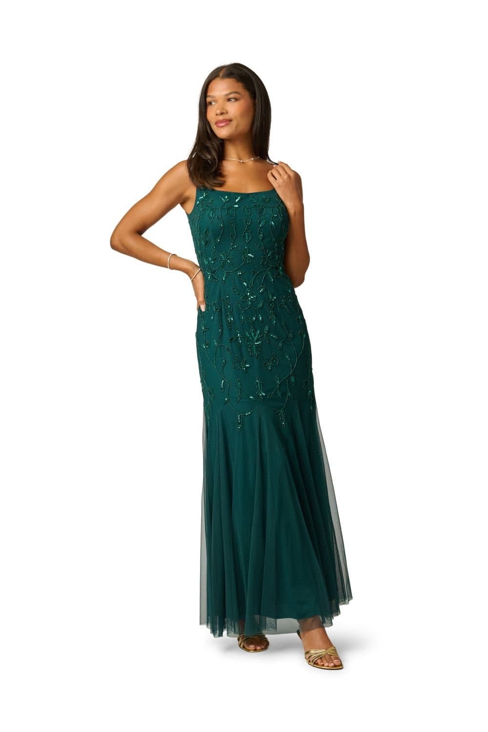 Papell Studio Papell Studio Women's Bead Mesh Long Dress in Dark Green