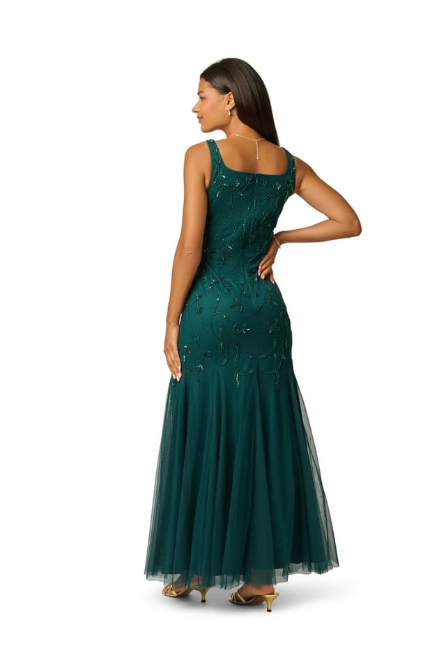 Papell Studio Papell Studio Women's Bead Mesh Long Dress in Dark Green - 3