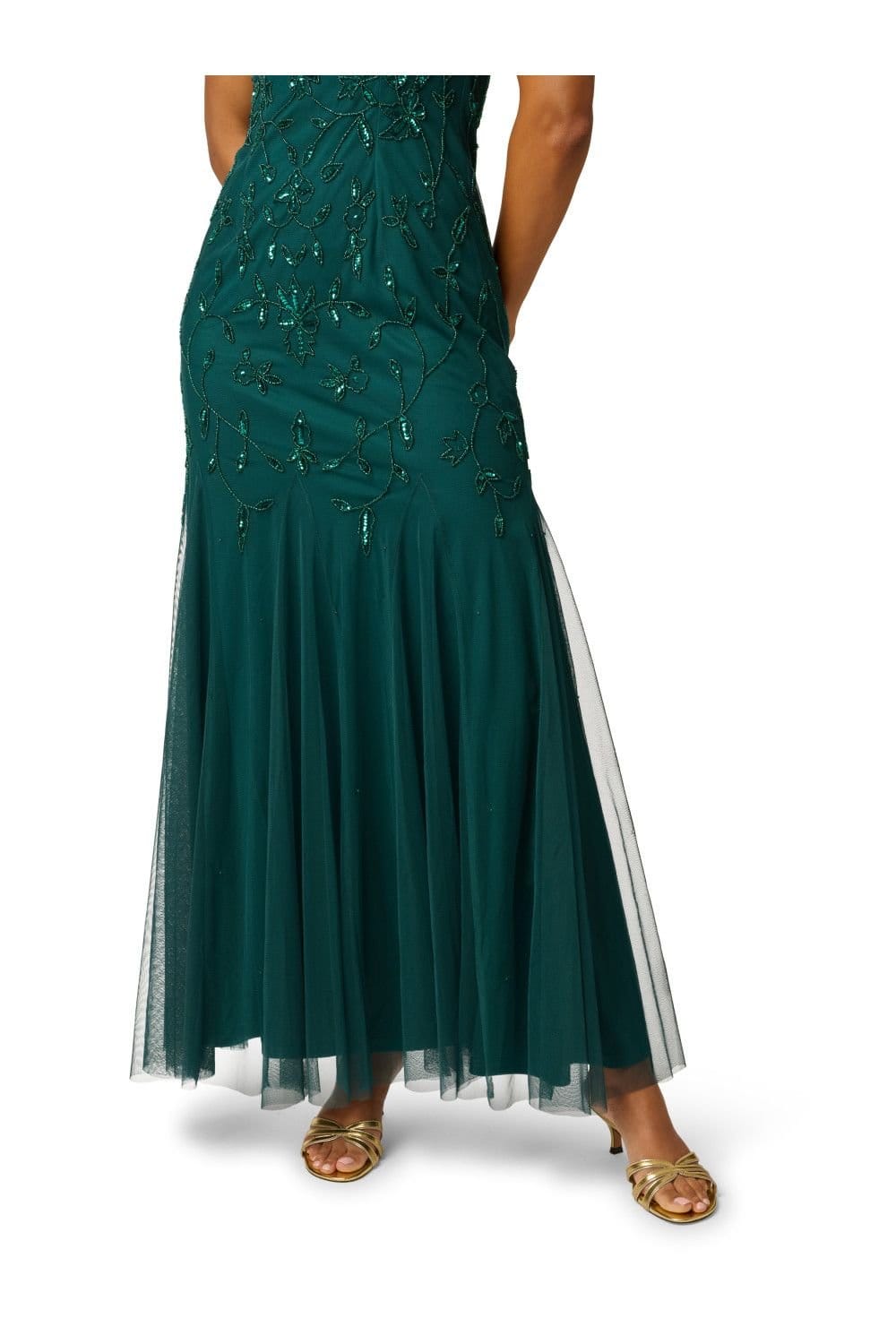 Papell Studio Papell Studio Women's Bead Mesh Long Dress in Dark Green - 4