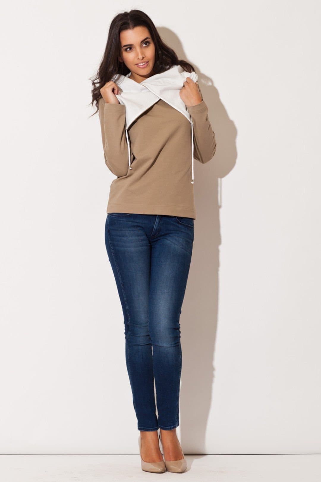 Love Lace Love Lace Women's Pullover Hooded Sweatshirt with Folded Collar in Beige
