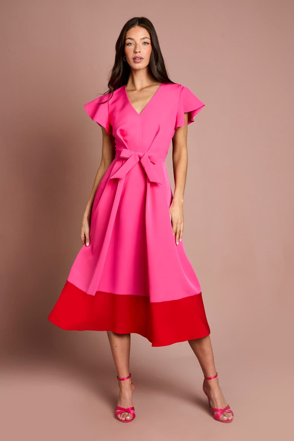 Coast Coast Women's Crepe Bow Detail Frill Sleeve Midi Dress in Magenta