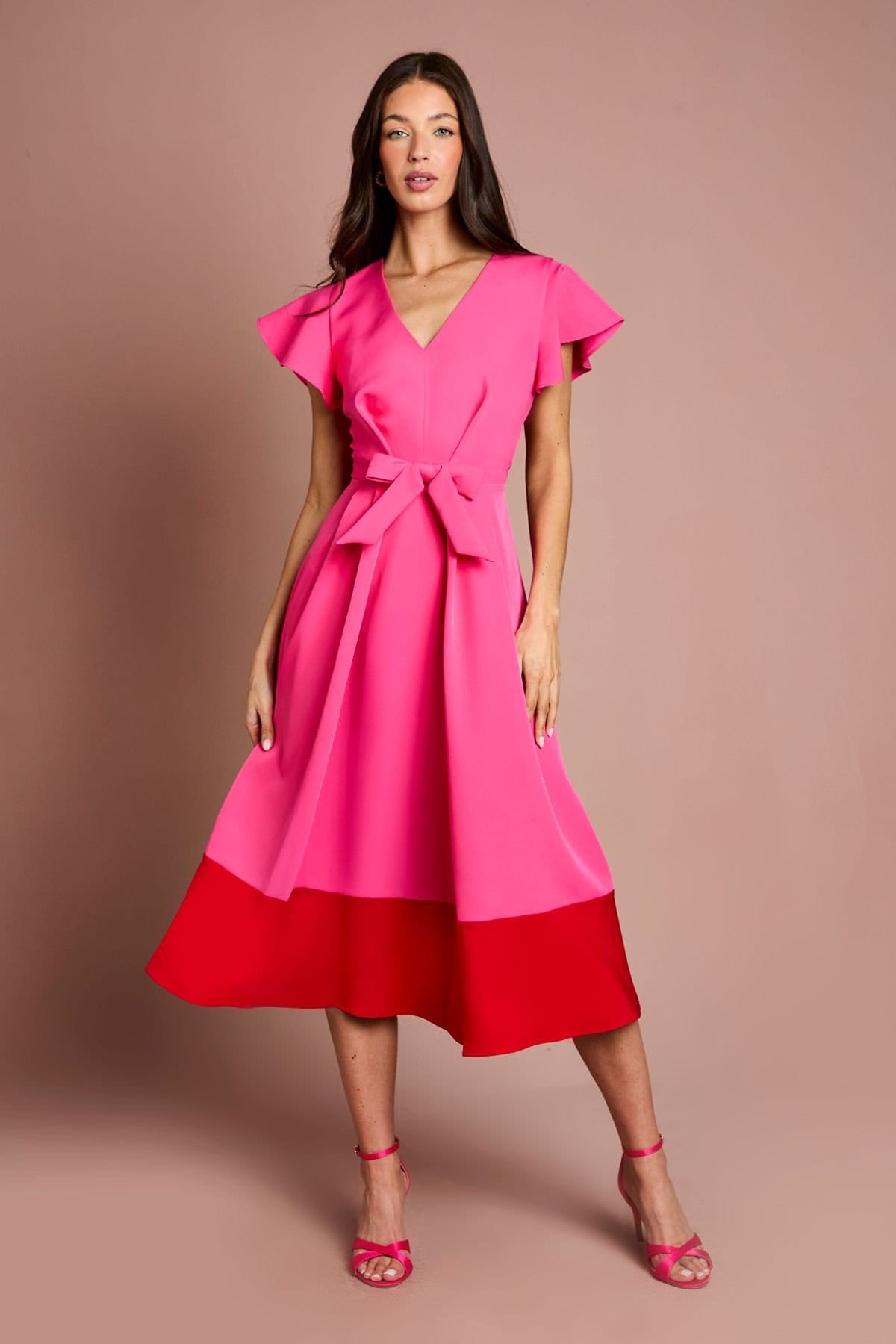 Coast Magenta Crepe Bow Detail Frill Sleeve Midi Dress