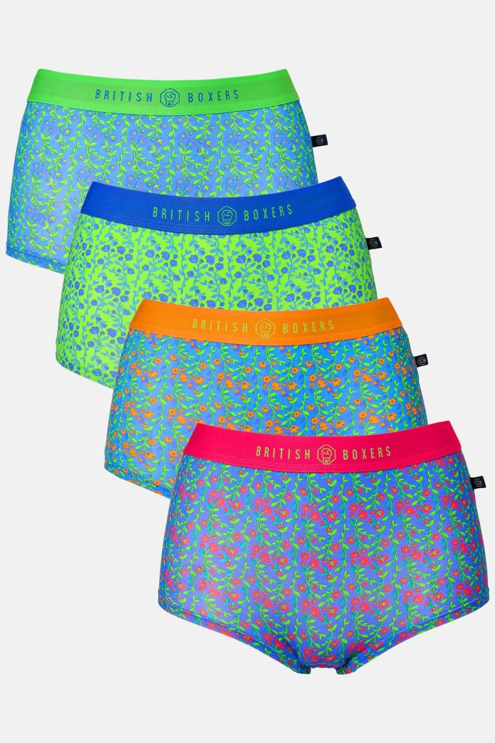 British Boxers British Boxers Women's Pack of Four "Boom Bloom" Hipster Boxer Briefs in Bright Blue