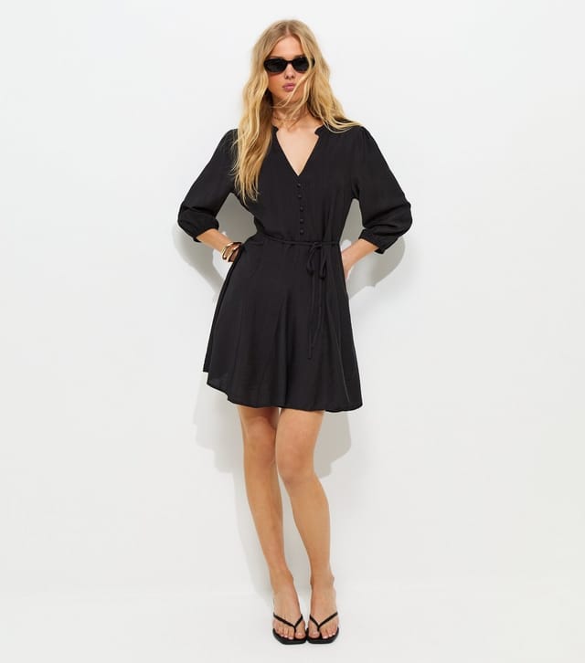 New Look Women's Black Godet Skirt Belted Mini Shirt Dress New Look - 2