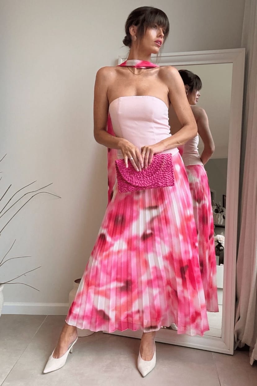 Style Cheat Style Cheat Women's Viola Pink Scarf Bandeau Pleat Midi Dress - 1