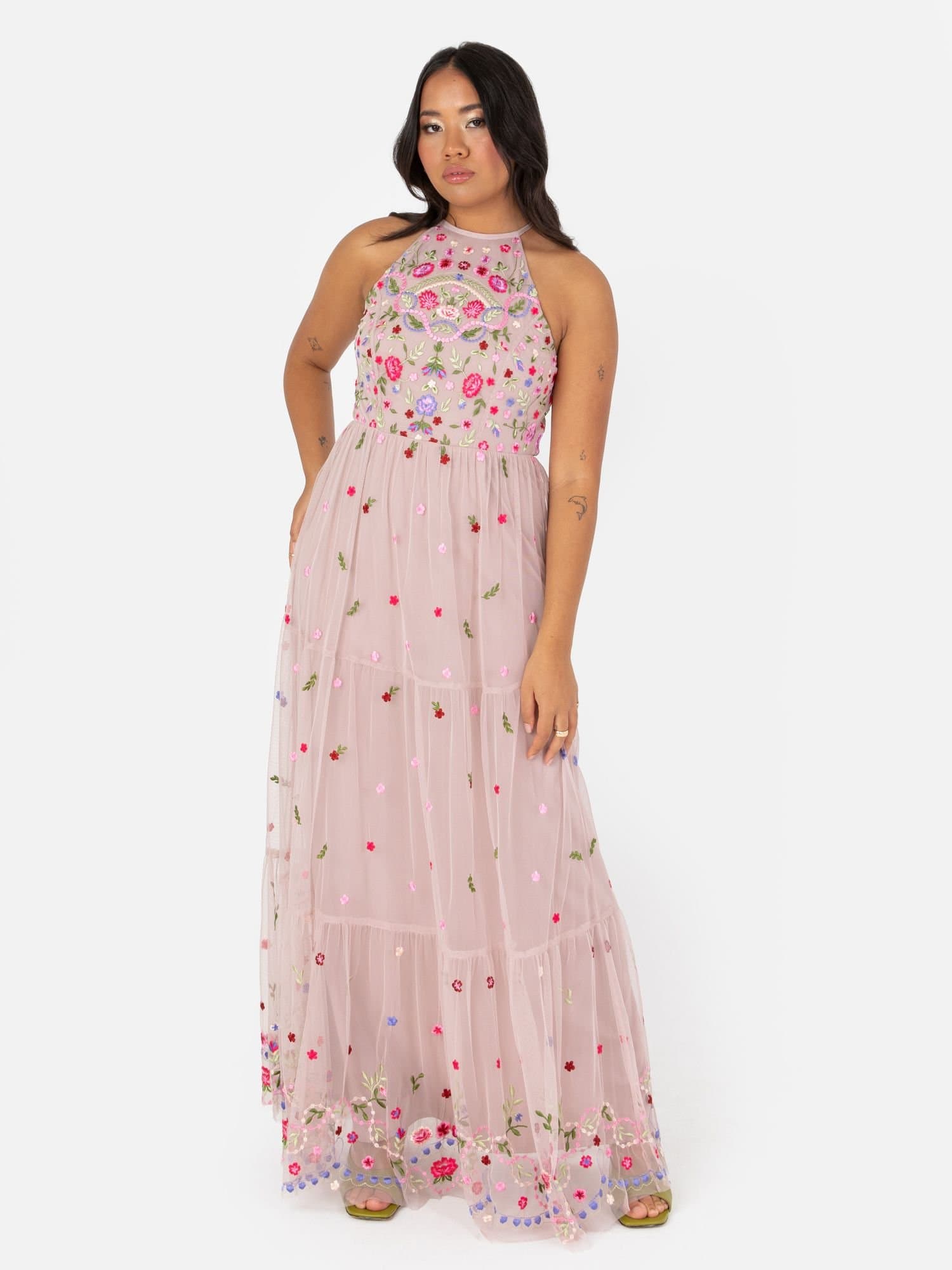 Maya Deluxe Maya Deluxe Women's Embroidered Tiered Maxi Dress in Pink