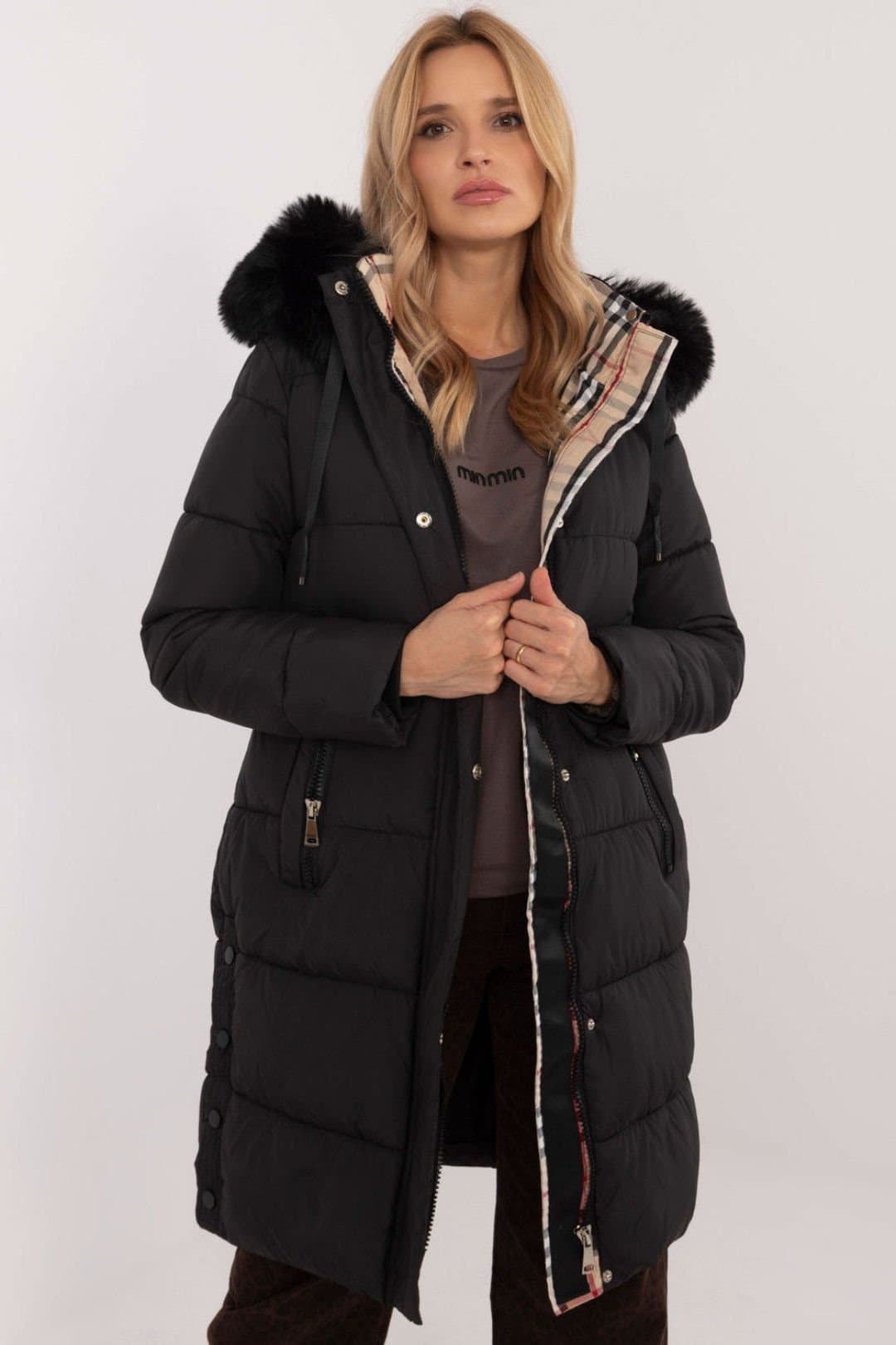 Love Lace Love Lace Women's Quilted Winter Jacket Extended Cut With Hood in Black