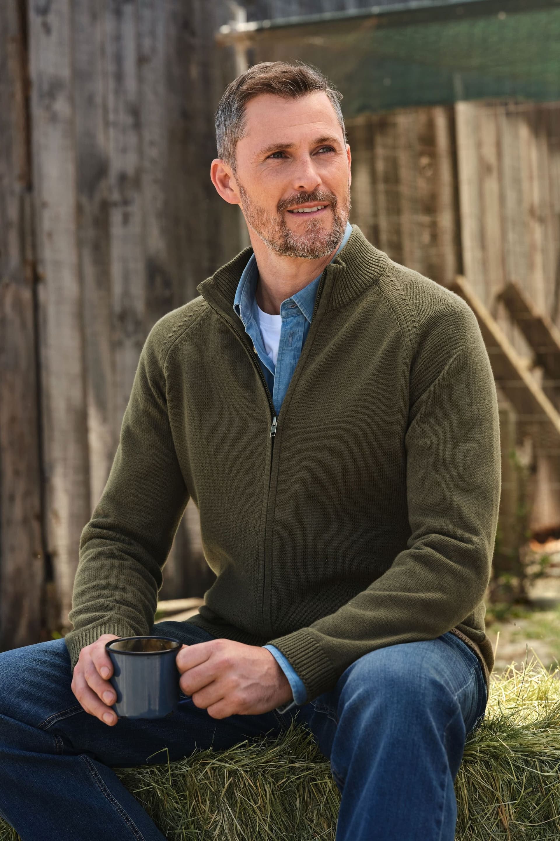 WoolOvers WoolOvers Men's Essential Cotton Zip Cardigan in Dark Green