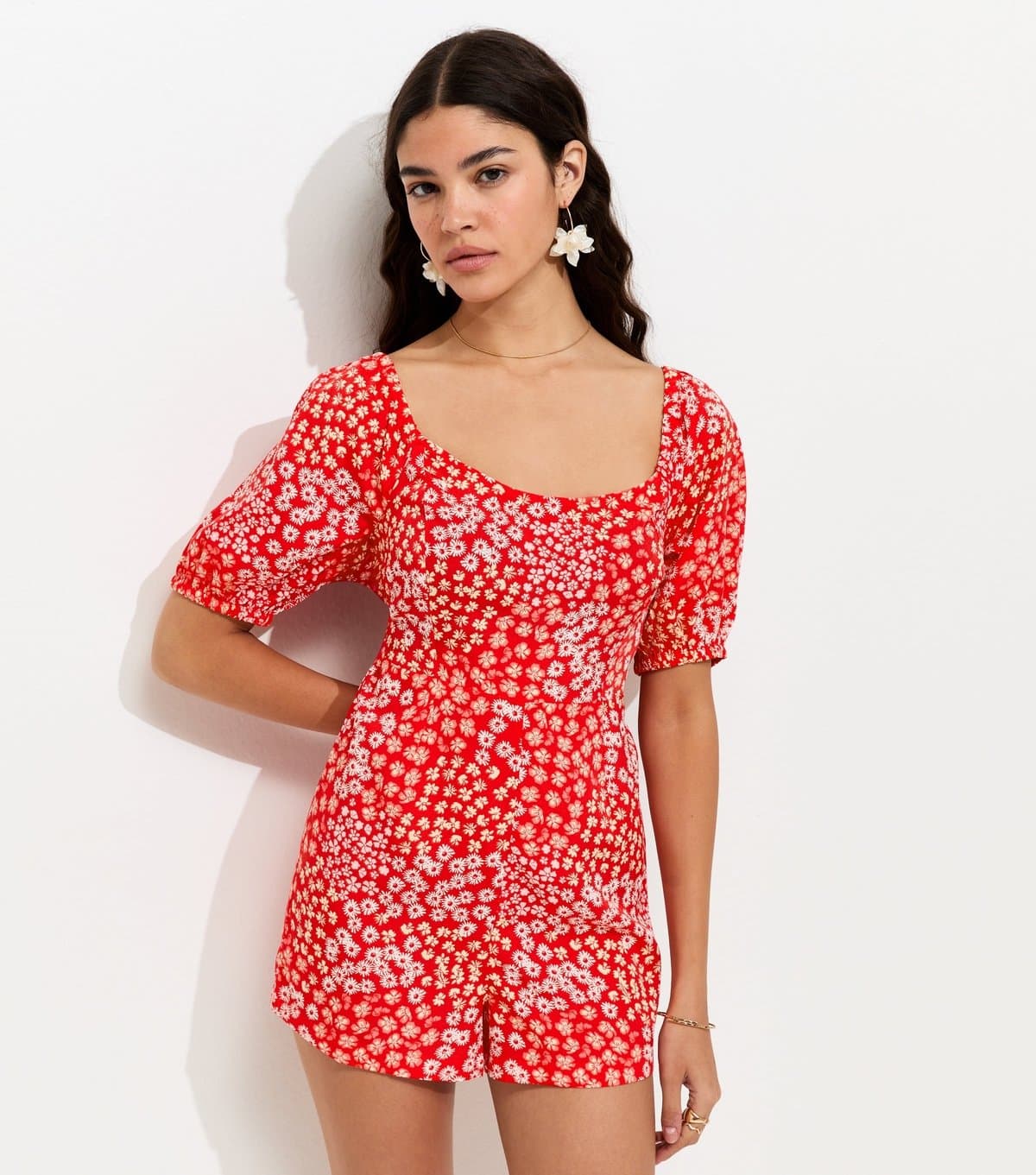 New Look Women's Red Crepe Floral Tie Back Playsuit New Look