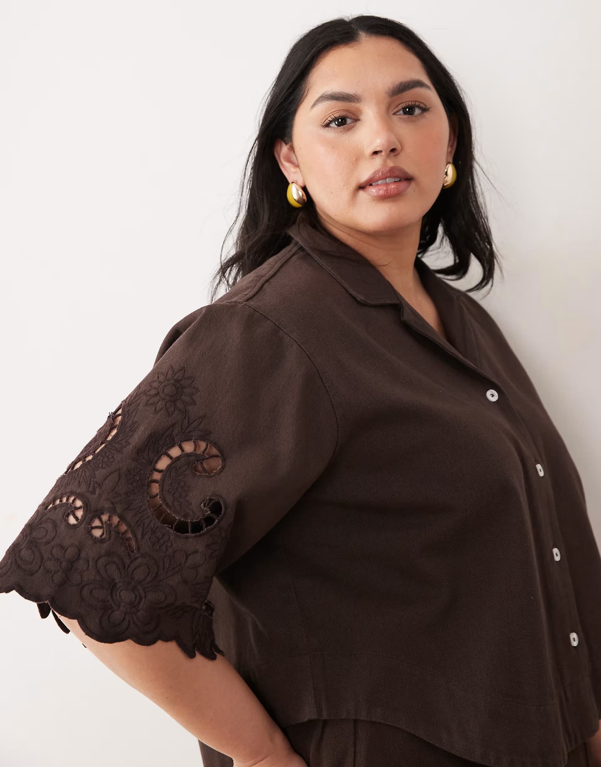 ASOS ASOS DESIGN Curve denim short sleeve shirt coord with cutwork detail in chocolate