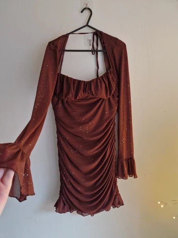 Marthea Marthea Brown Glitter Ruched Bodycon Mini Dress Size L Mesh Sleeve Party Dress