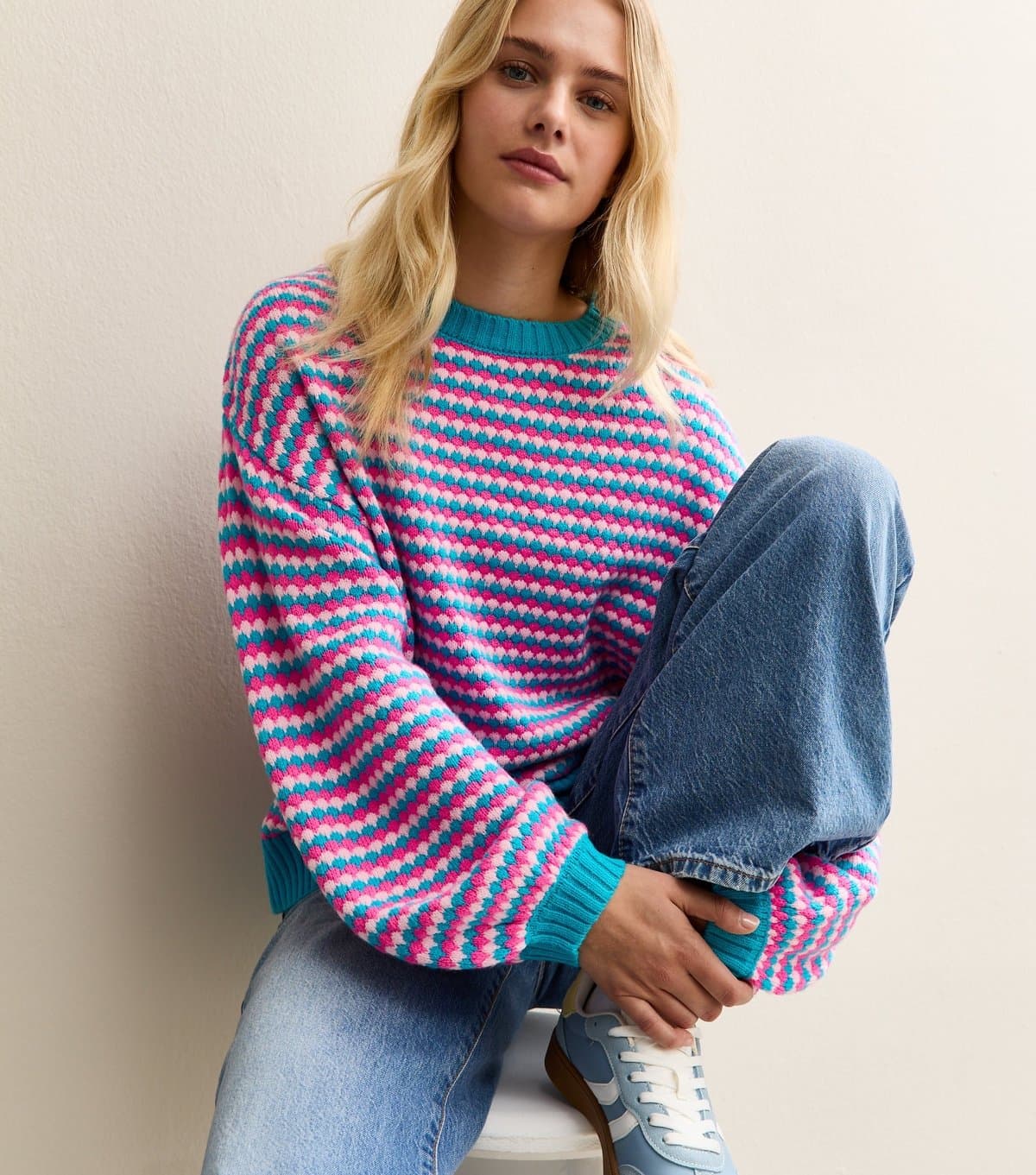 Sunshine Soul Women's Blue and Pink Striped Crew Neck Jumper Sunshine Soul New Look