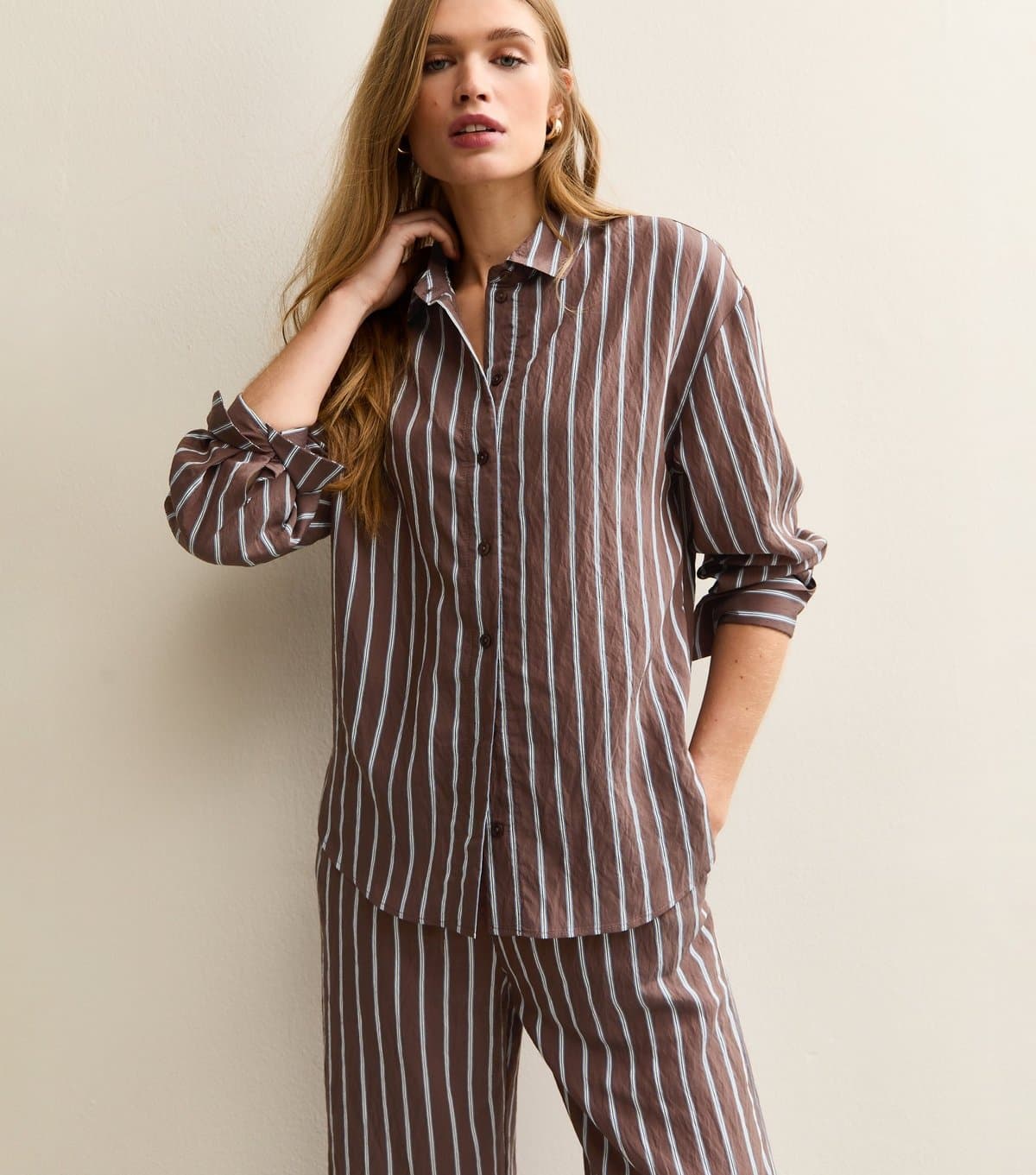 New Look Women's Brown Striped Button Up Shirt New Look