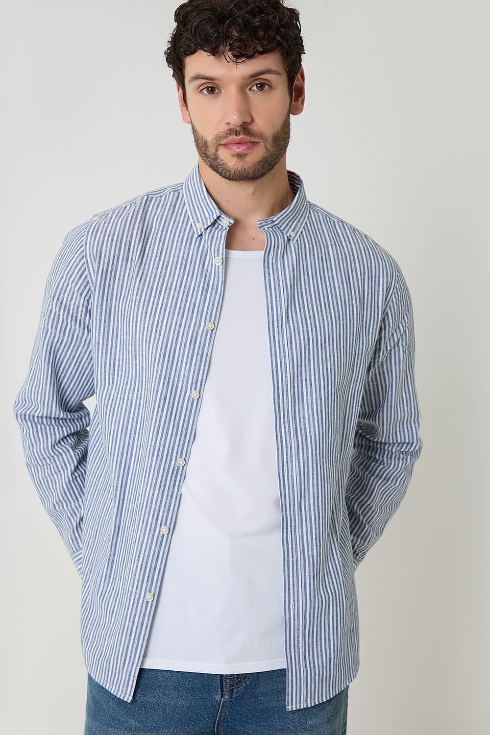Threadbare Threadbare Men's Stripe Linen Cotton Blend Long Sleeve Shirt in Blue