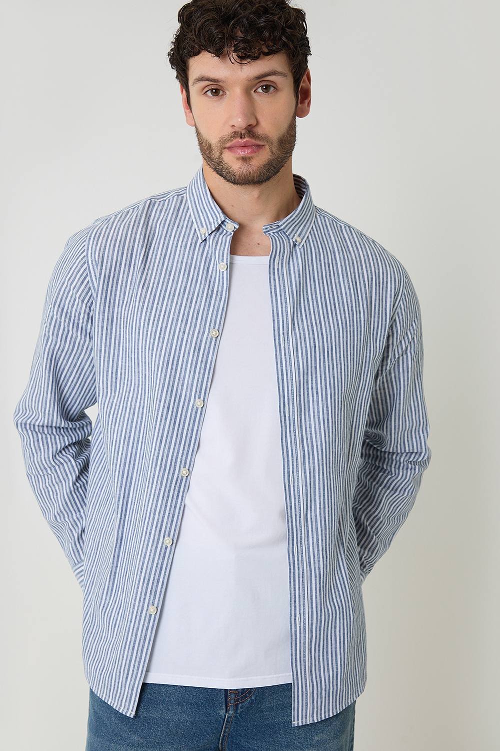 Threadbare Threadbare Men's Stripe Linen Cotton Blend Long Sleeve Shirt in Blue - 2