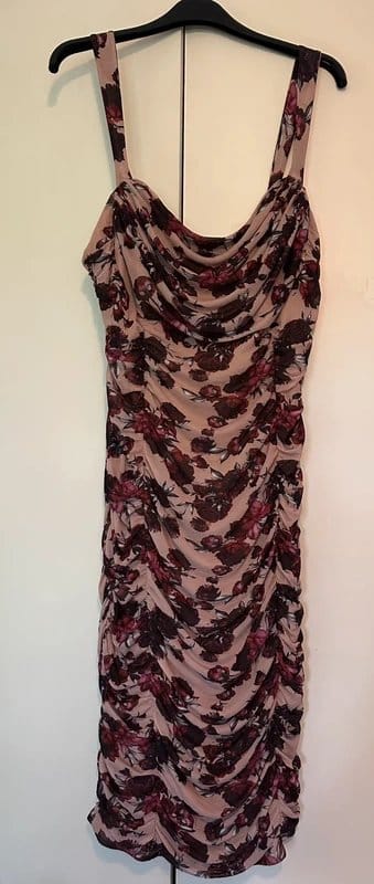 ASOS Cream & Wine Floral Ruche Midi Dress - Stretchy Fit