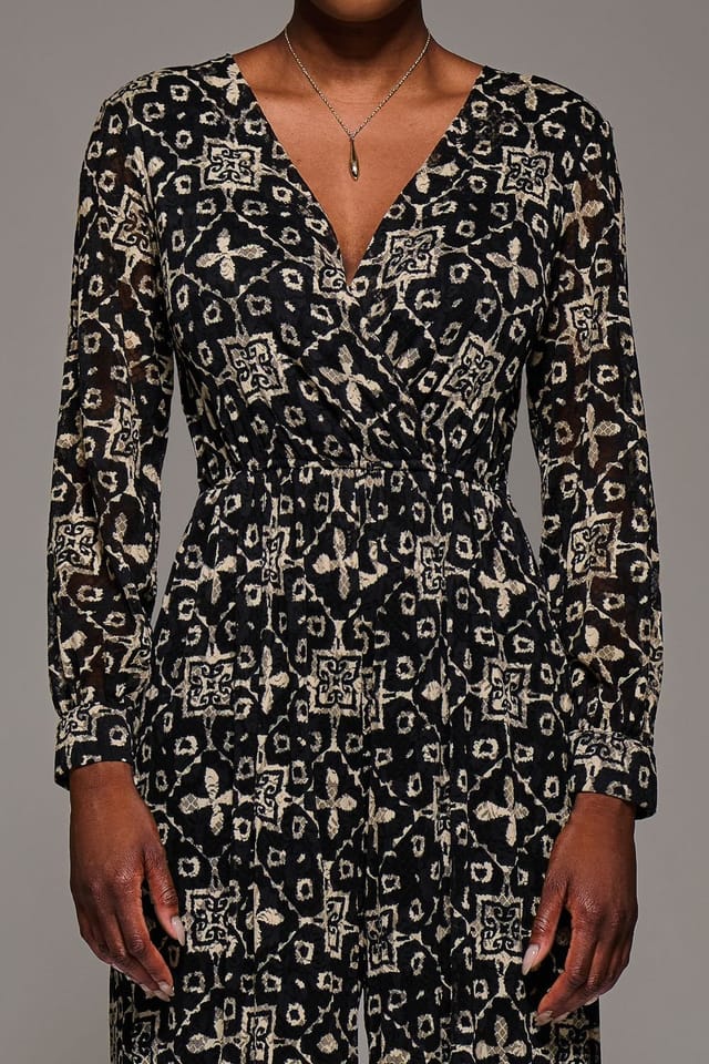 Jolie Moi Jolie Moi Women's Lace Wrap Tie Waist Long Sleeve Jumpsuit in Black - 3