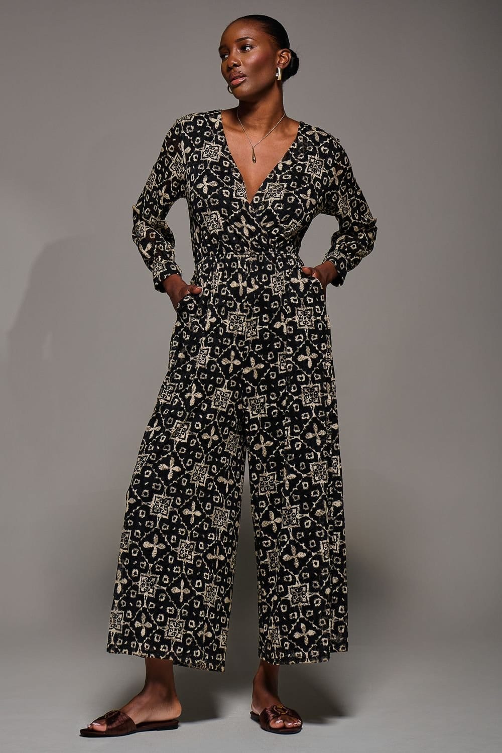 Jolie Moi Jolie Moi Women's Lace Wrap Tie Waist Long Sleeve Jumpsuit in Black - 4