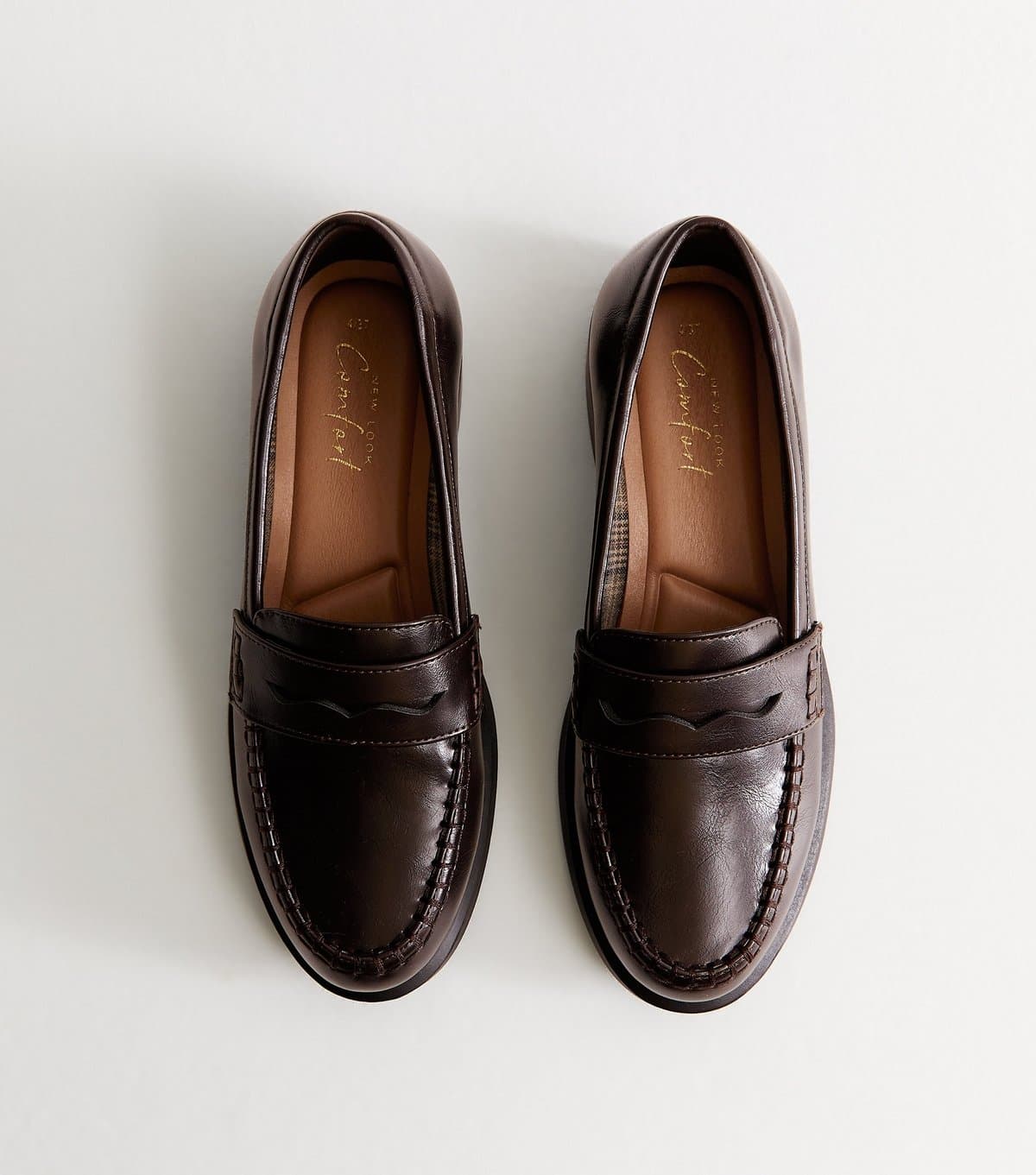 New Look Women's Dark Brown Faux Leather Shiny Penny Loafers Vegan New Look