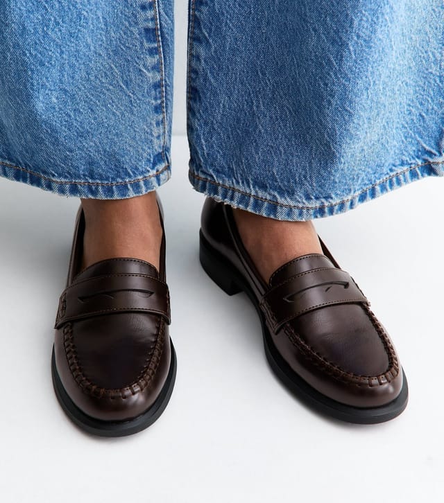 New Look Women's Dark Brown Faux Leather Shiny Penny Loafers Vegan New Look - 2