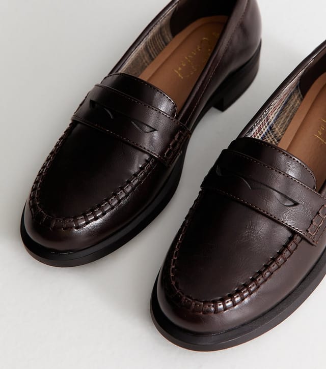 New Look Women's Dark Brown Faux Leather Shiny Penny Loafers Vegan New Look - 3