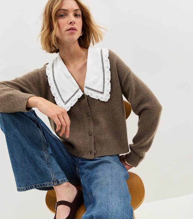 New Look Women's Dark Mink Embroidered Collar Knit Cardigan New Look - 2