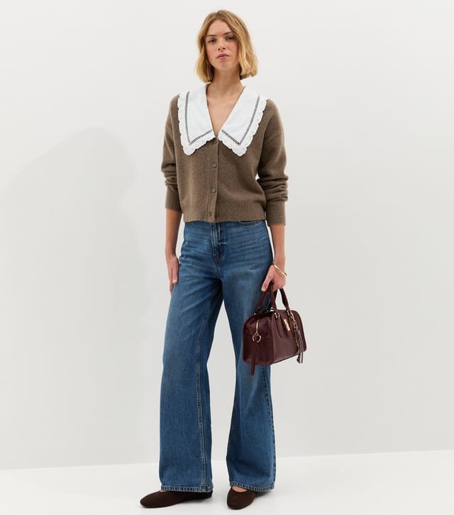 New Look Women's Dark Mink Embroidered Collar Knit Cardigan New Look - 3