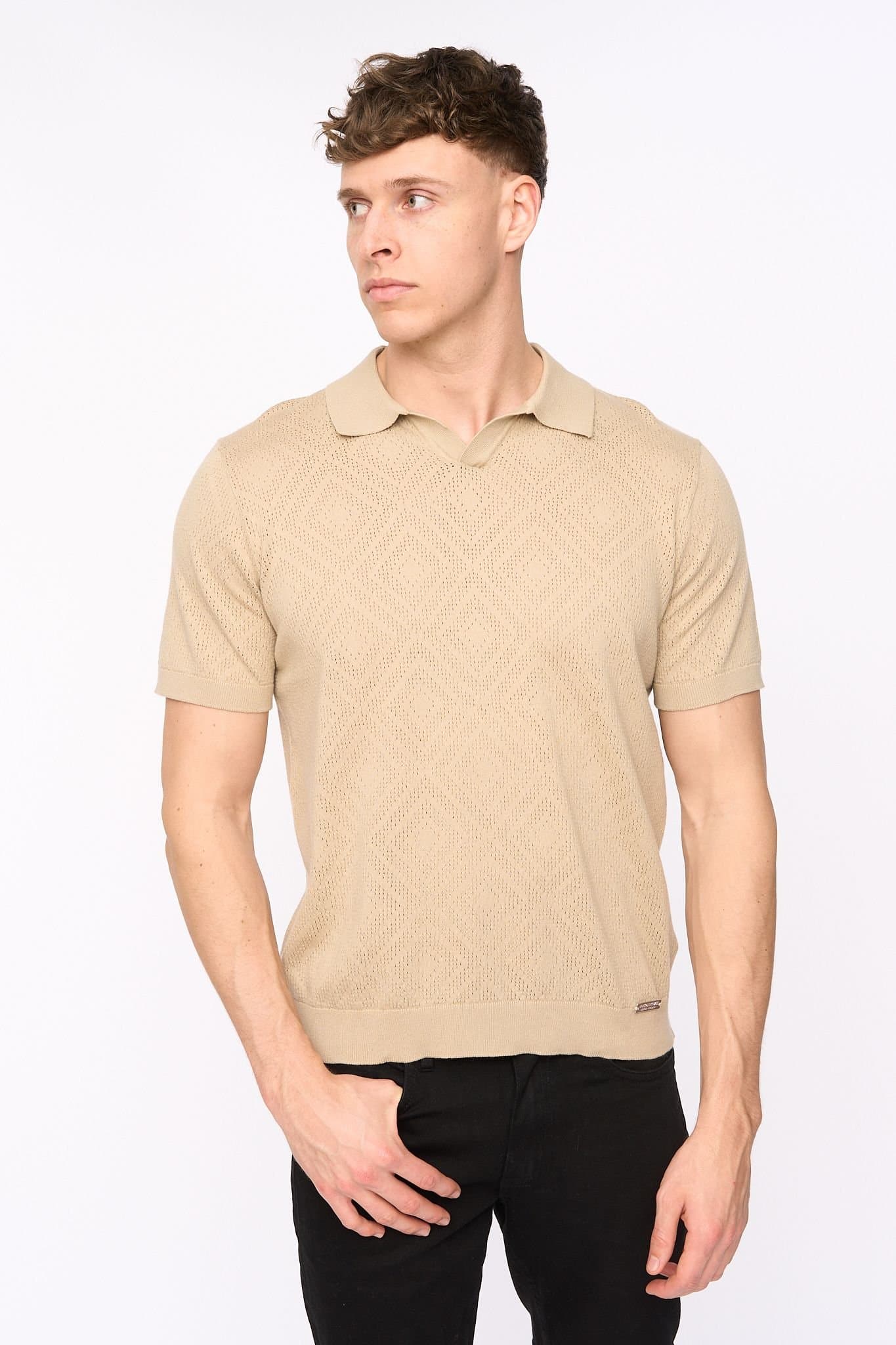 Duck&Cover Duck&Cover Men's Dedham Pointelle Knitted Polo with Buttonless Collar in Stone