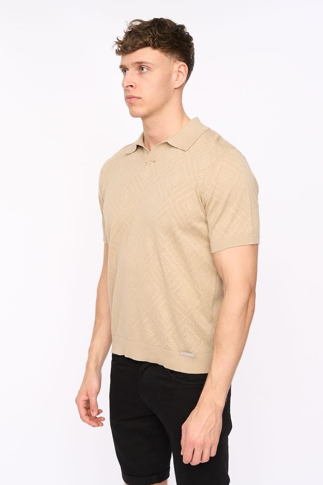 Duck&Cover Duck&Cover Men's Dedham Pointelle Knitted Polo with Buttonless Collar in Stone - 3