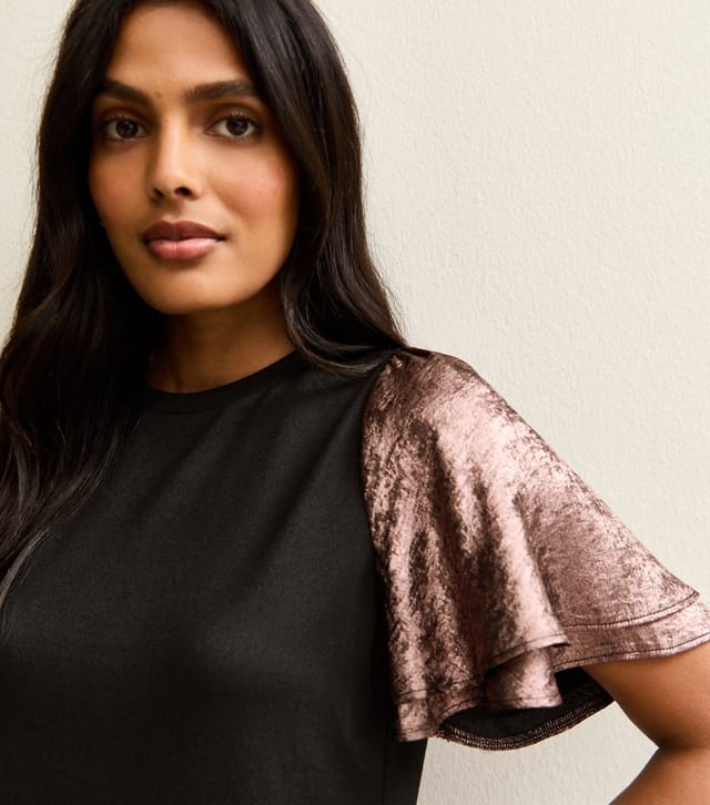 New Look Women's Mid Pink Soft Touch Metallic Flutter Sleeve Top New Look - 2