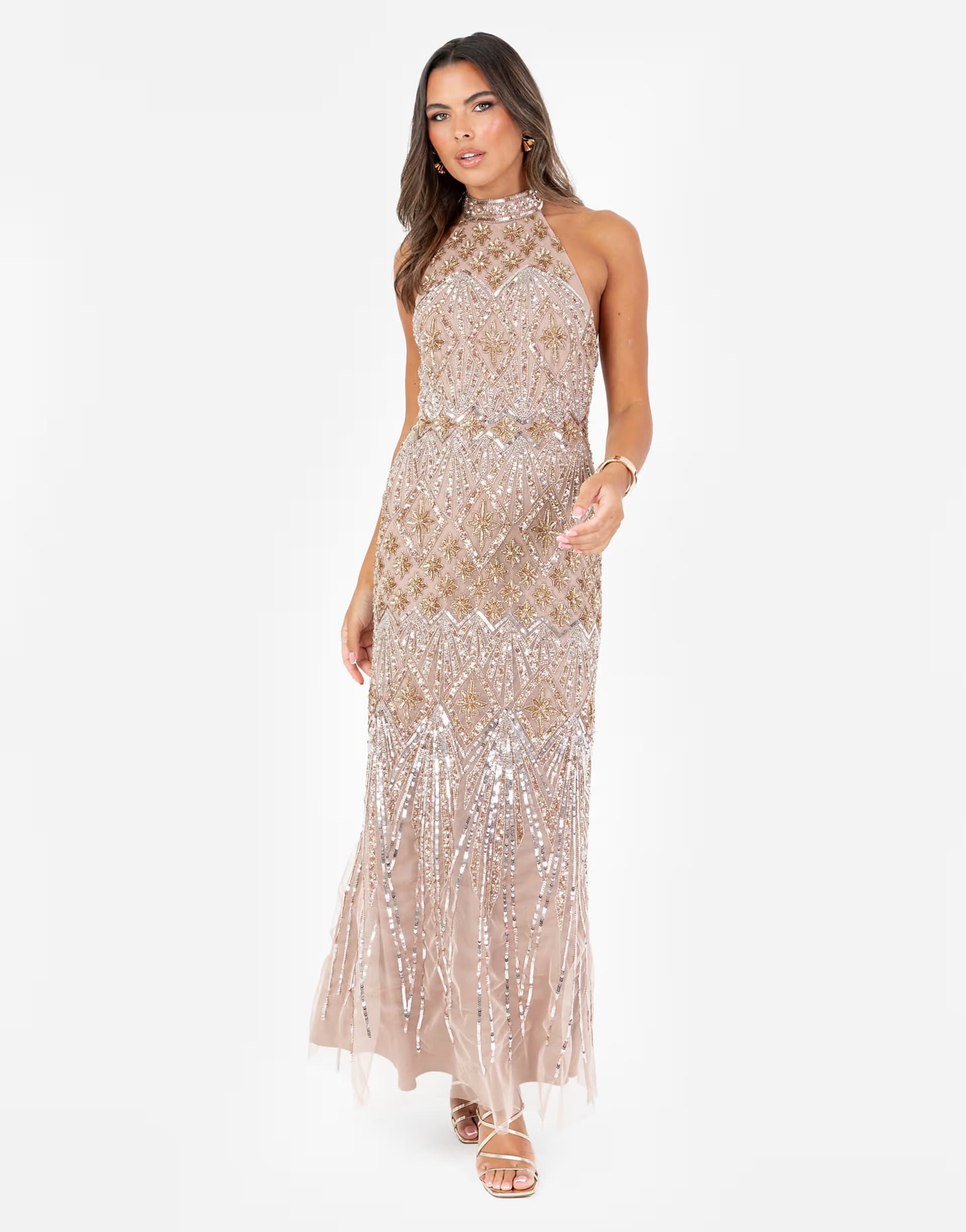 ASOS Maya Embellished halter neck open back maxi dress in taupe blush