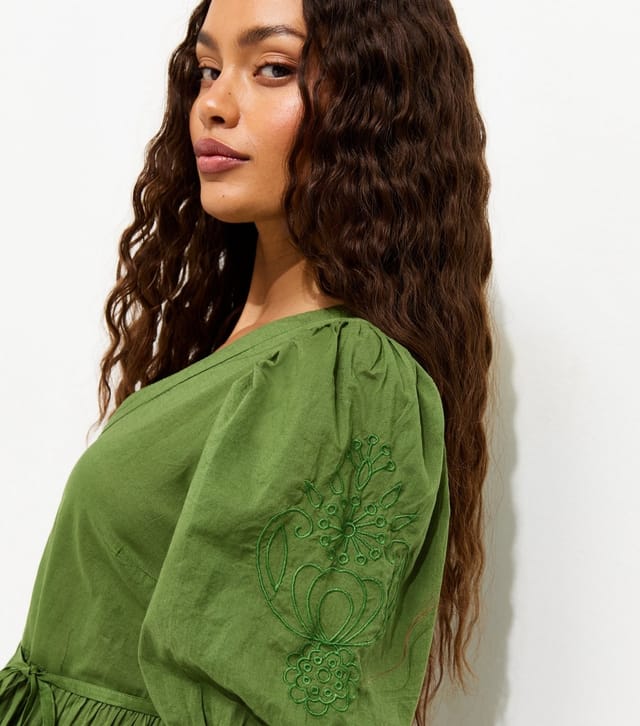 New Look Women's Petite Bright Green Floral Embroidered Smock Shirt Dress New Look - 2
