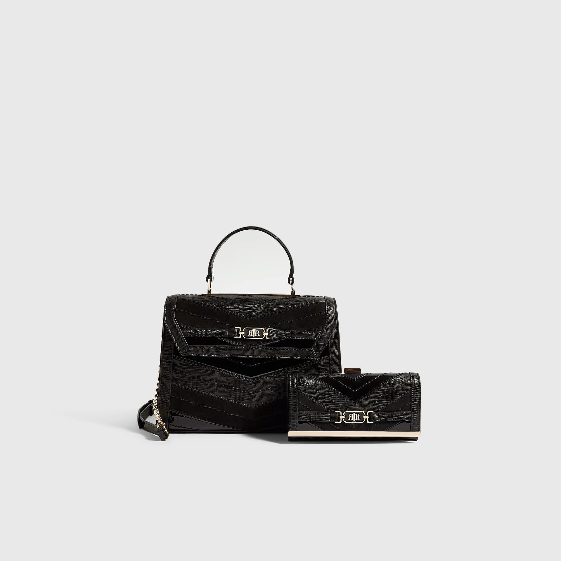 River Island River Island Womens Black Faux Leather Panelled Tote Bag Set